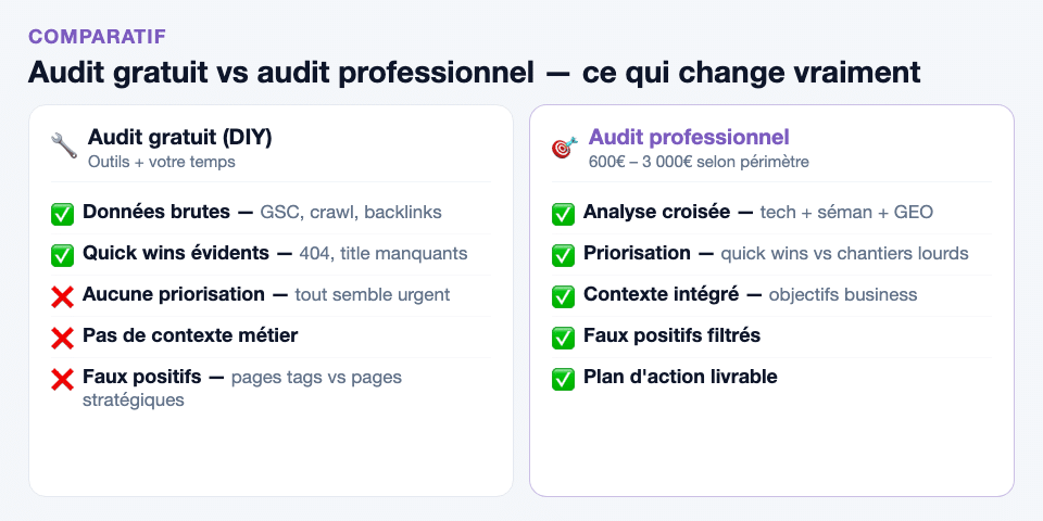 Comparatif audit SEO gratuit vs audit professionnel