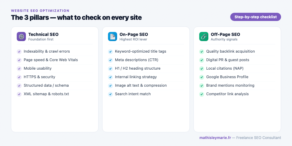 Les 3 piliers du SEO optimization for website : technique, on-page, off-page